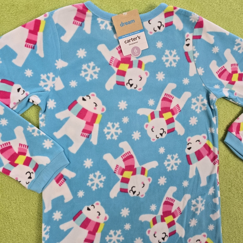 NWT  Sz 6 Aqua Blue & PINK POLAR BEAR BLANKET SLEEPER fleece FOOTIE PAJAMAS (Q9)